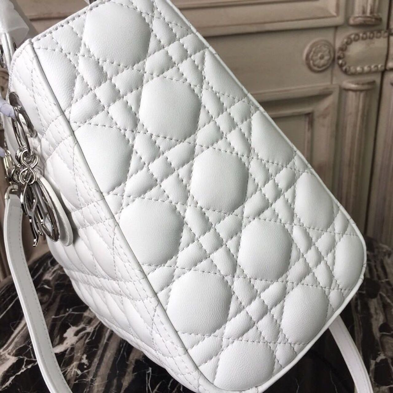 DI Medium Lady Bag White Silver Hardware For Women 24cm/9in CD M0565BNGE_M030