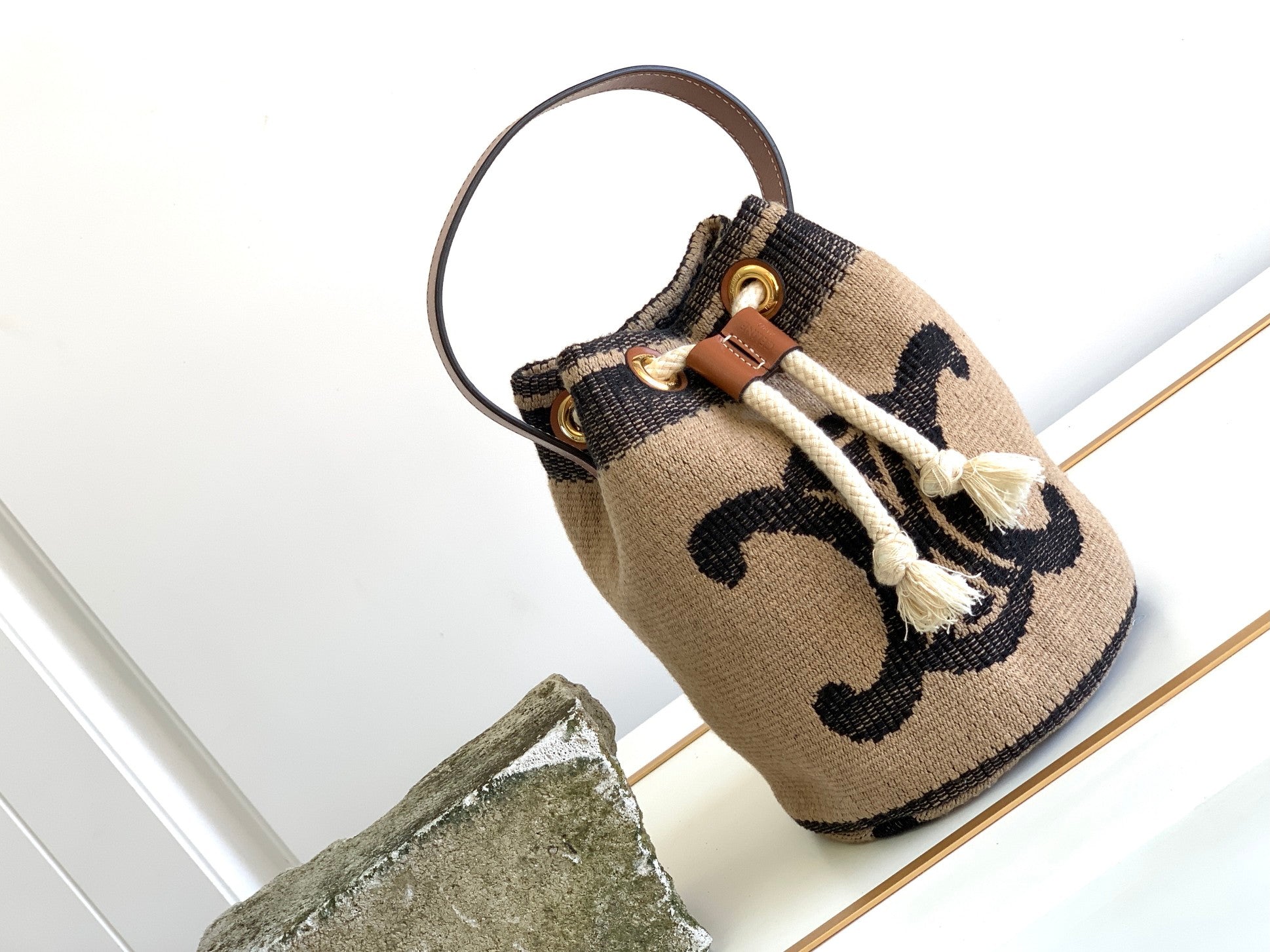 CE Teen Drawstring In Textile With Triomphe Beige / Tan For Women 6in/15cm 196532EFZ.02ET