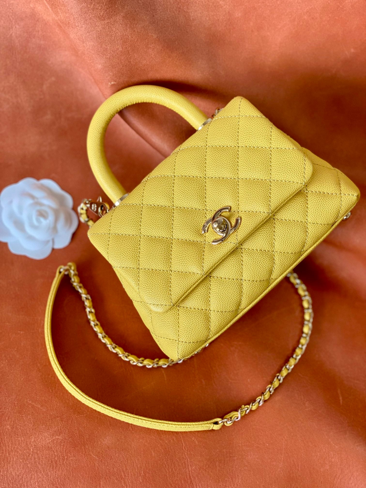 ChanelMini Flap Bag Top Handle Yellow For Women 7.5in/19cm