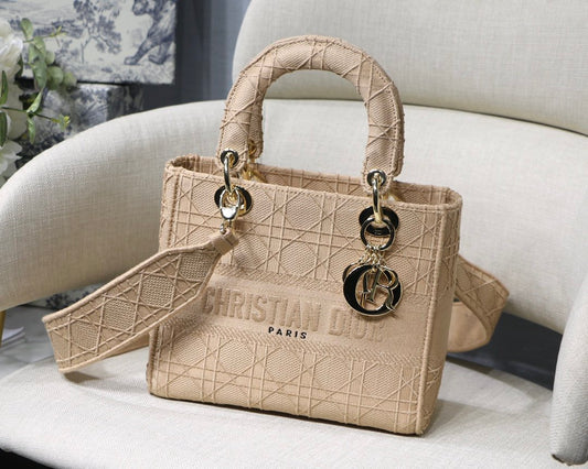 DI Medium Lady Bag Gold Toned Hardware Beige For Women 9.5in/24cm CD