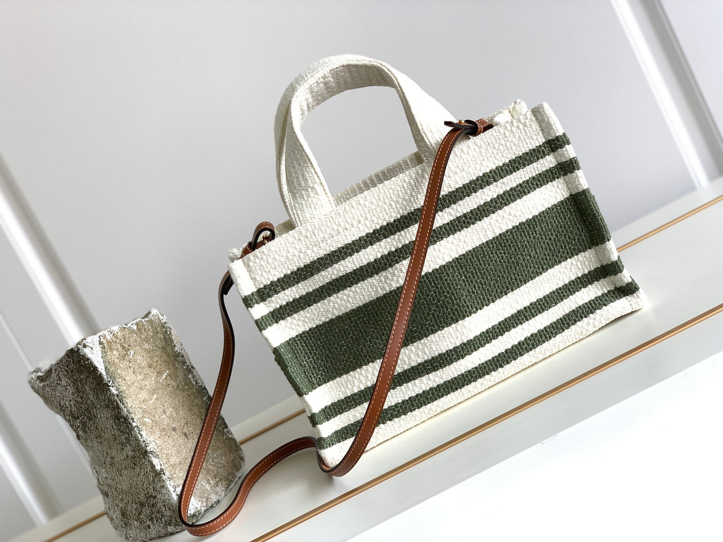 CE Striped Small Triomphe Cabas Thais Nature Green For Women 11.4in/29cm