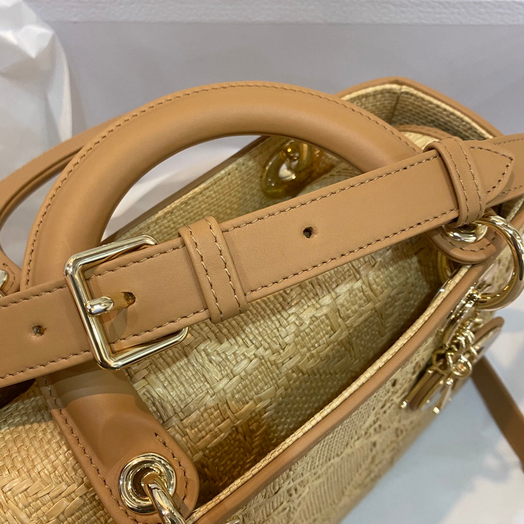 DI Medium Lady Bag Natural Cannage Raffia, Brown Handbags, 24cm CD M0565OMBD_M925