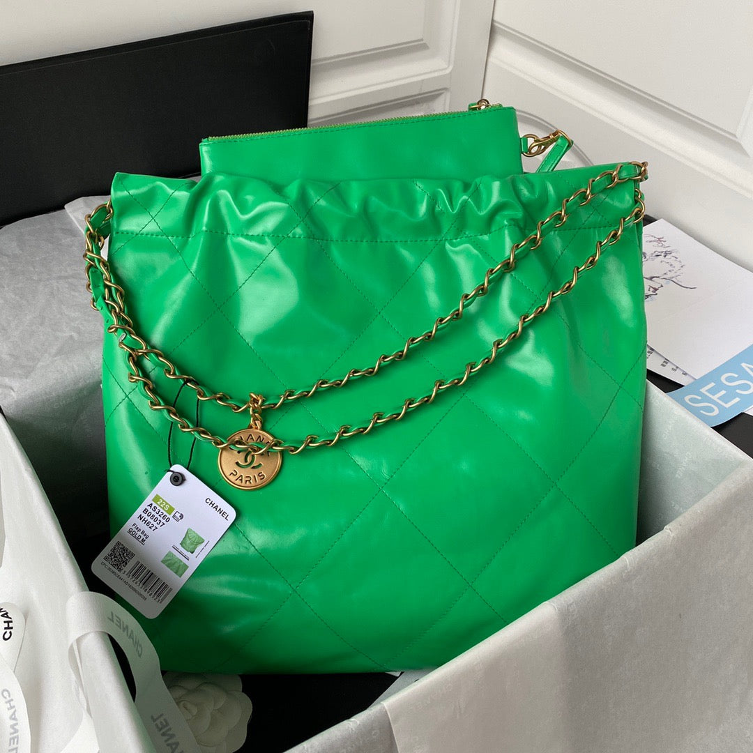 CHL 22 Handbag Gold Hardware Shiny Green For Women, Women&#8217;s Handbags, Shoulder Bags 16.5in/38cm AS3261