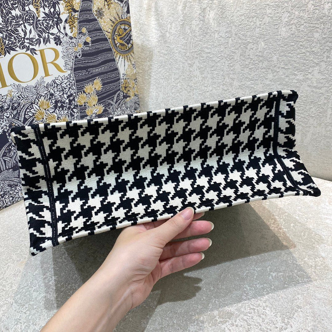 DI Medium Book Tote Black Macro Houndstooth Embroidery, Blue, For Women Women’s Handbags, Shoulder Bags, 36cm CD M1296ZTQT_M911