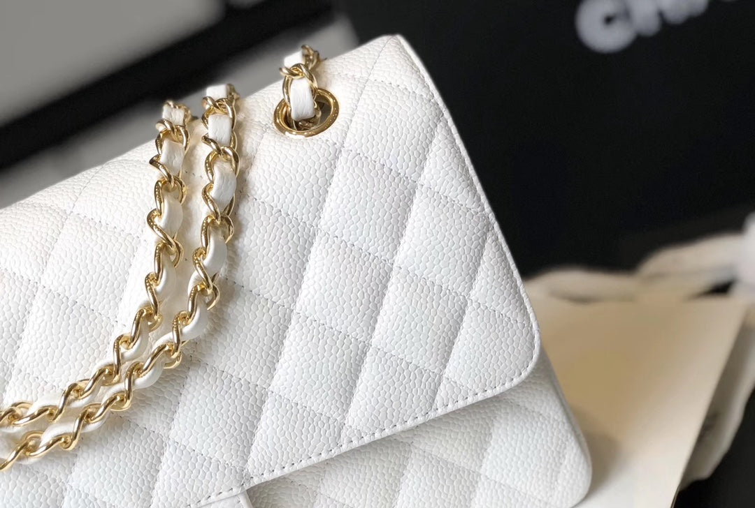 Chanel Classic Medium Flapbag Golden Hardware White 10in/25.5cm