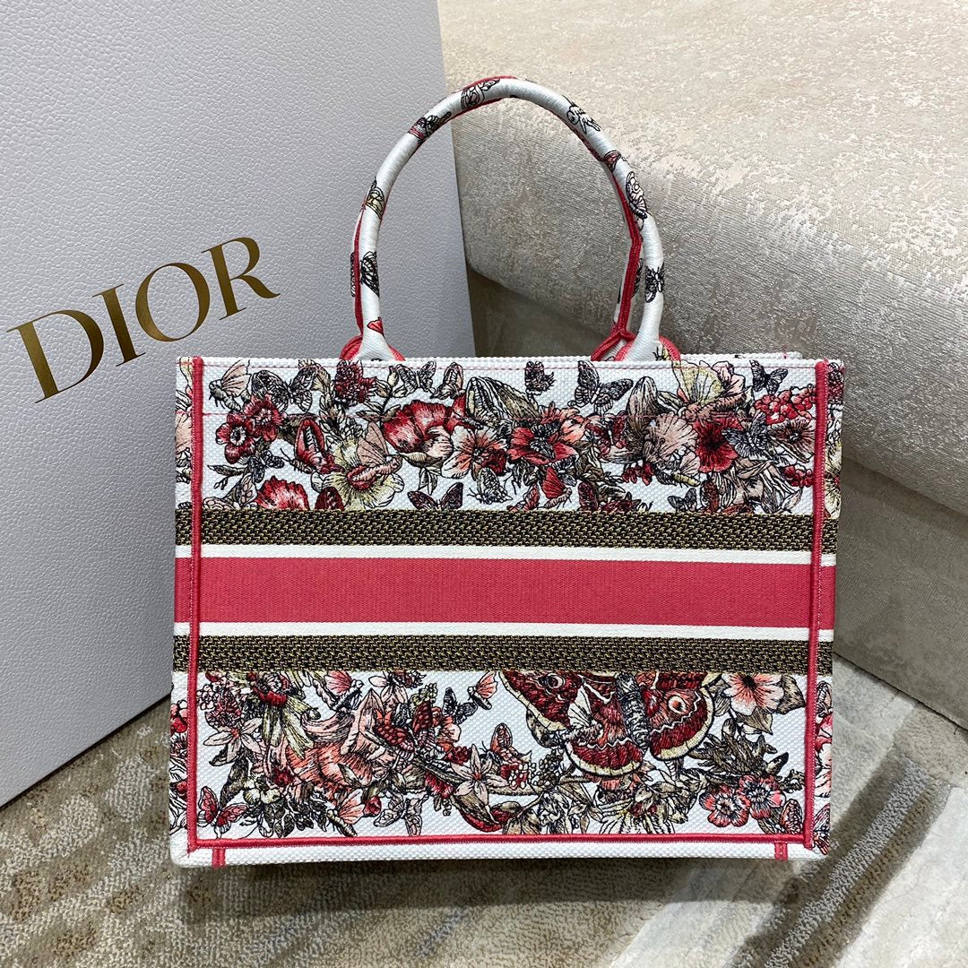 DI Medium Book Tote Multicolor Butterfly Embroidery, Red/White, For Women Women’s Handbags, 36cm CD