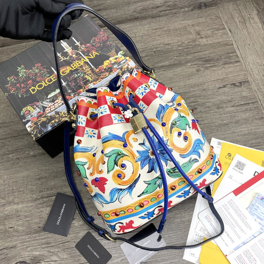 DG Print Crespo Bucket Bag Multicolor With Branded Plate For Women DG Bag