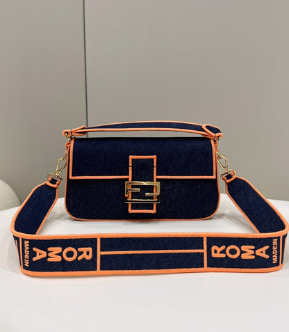 FI Baguette Blue Denim Orange Border Bag For Woman 26cm/10in