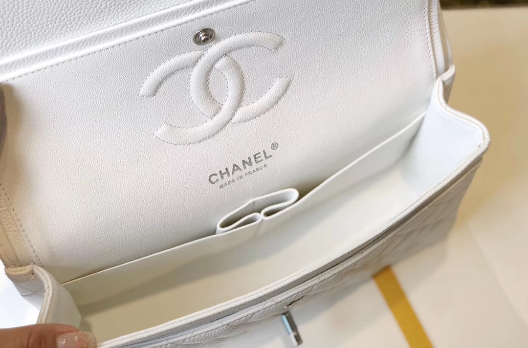 Chanel Classic Medium Flapbag Silver Hardware White 10in/25.5cm