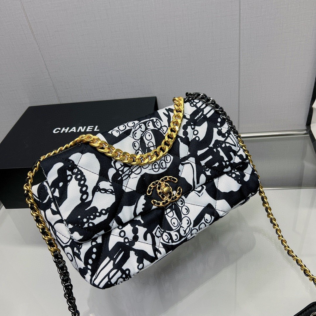 CHL 19 HandBag Printed Canvas Black And White For Women 11.8in/30cm