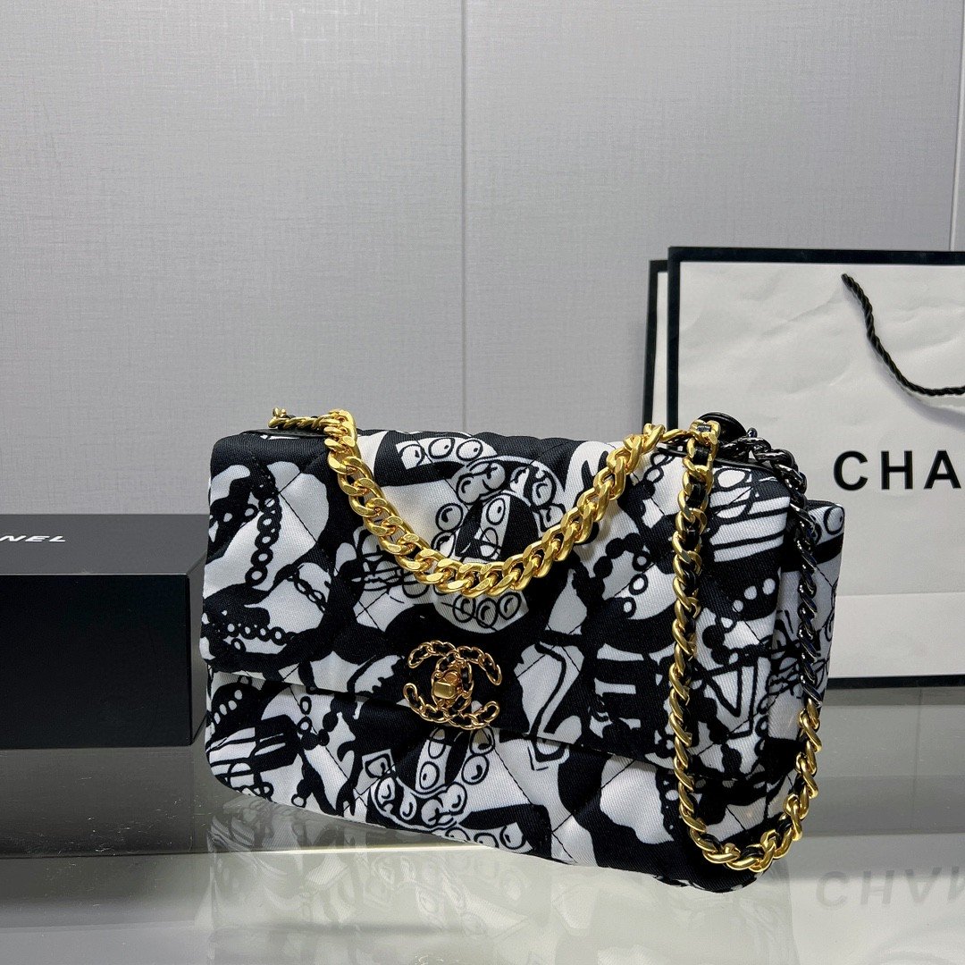 CHL 19 HandBag Printed Canvas Black And White For Women 11.8in/30cm