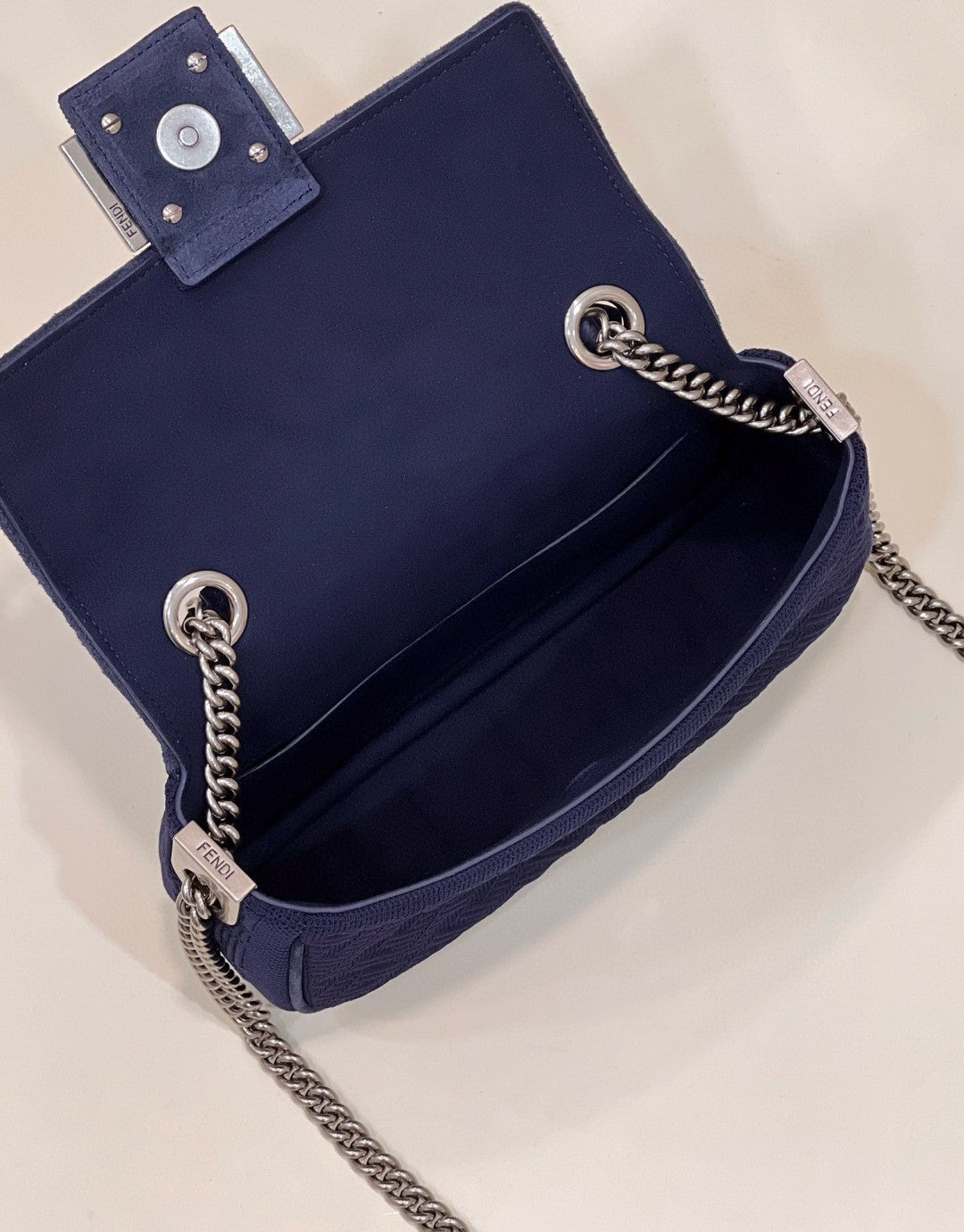 FI Baguette Chain Midi Navy Blue FF Fabric Bag For Woman 14.5cm/6in