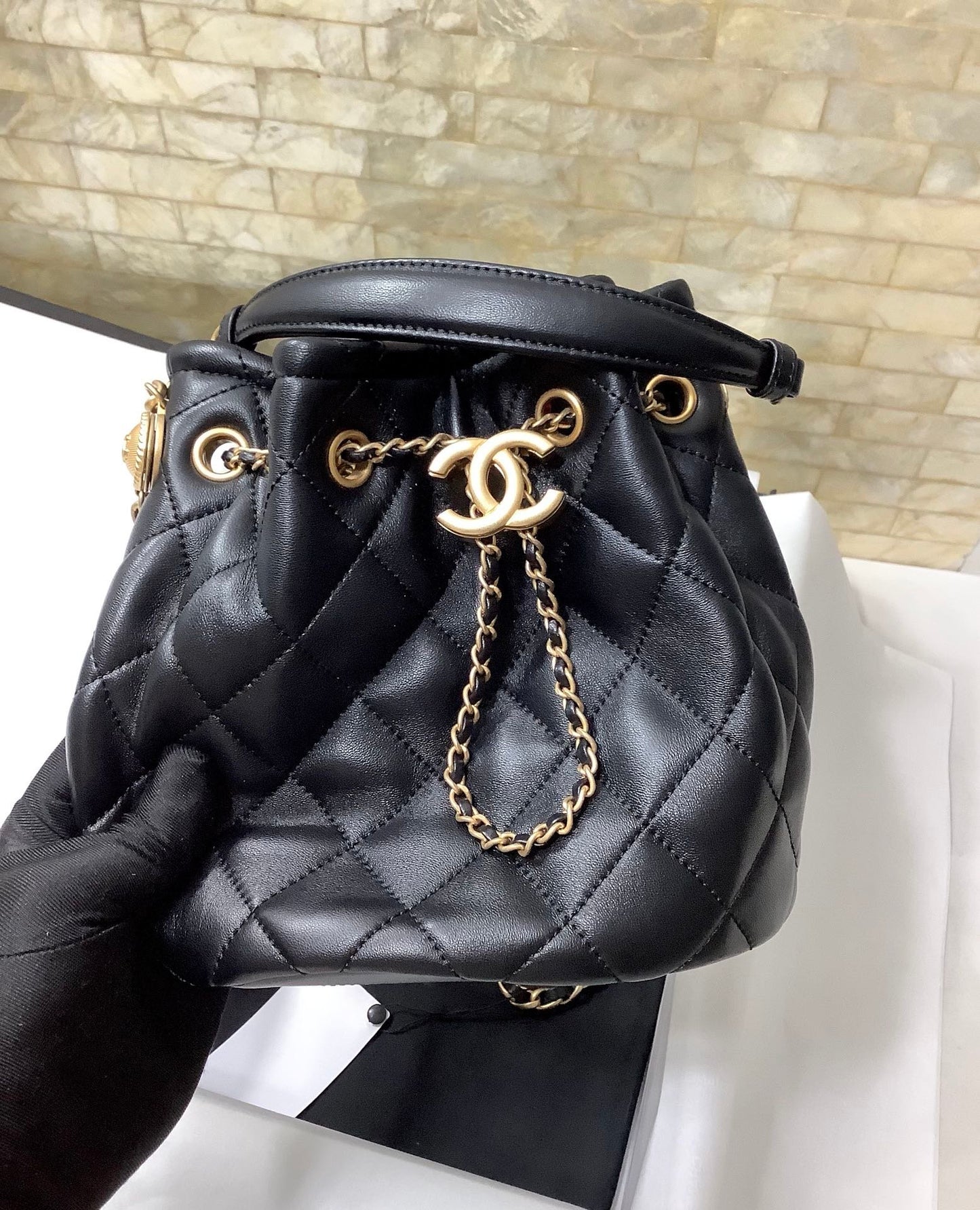 CHL Classic Bucket Bag Gold Toned Hardware Black For Women 7.8in/20cm