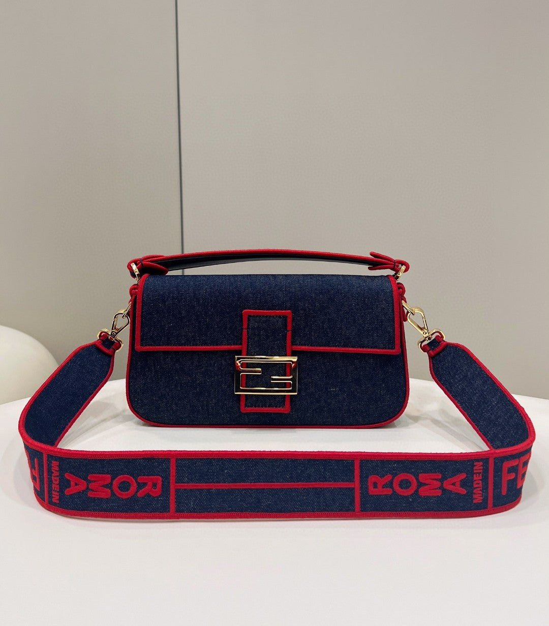 FI Baguette Blue Denim Red Border Bag For Woman 26cm/10in