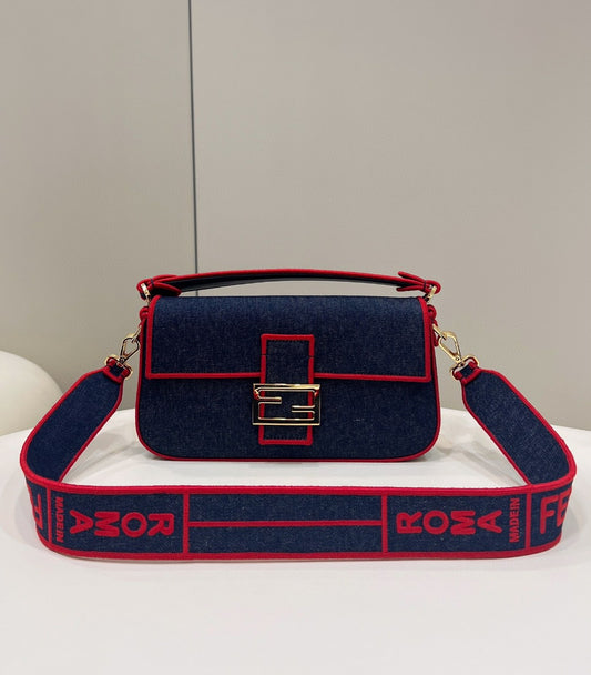 FI Baguette Blue Denim Red Border Bag For Woman 26cm/10in