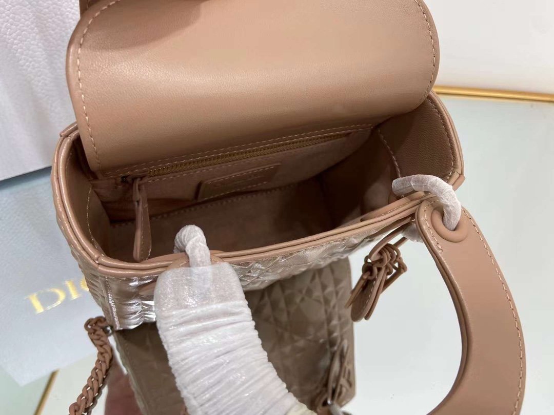 DI Mini Lady Bag Cannage with Beaded Motif, Brown, For Women Women’s Handbags, Crossbody Bags, 18cm CD