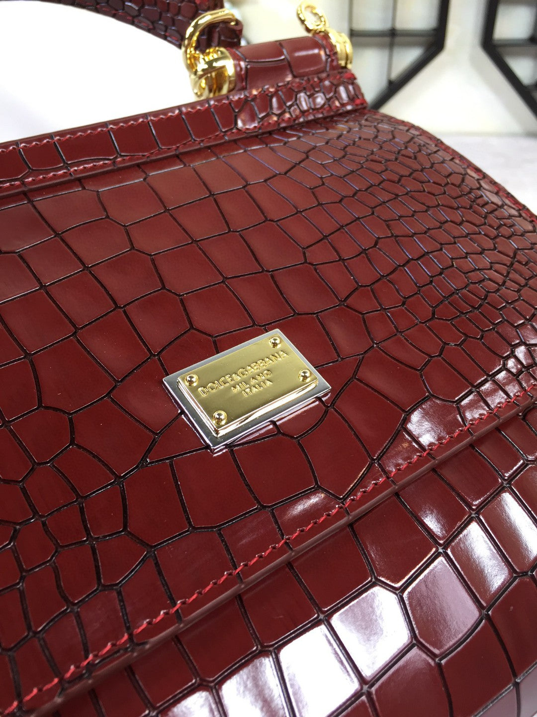 DG Medium Sicily Bag In Foiled Crocodile-Print Burgundy For Women 10.2in/26cm DG