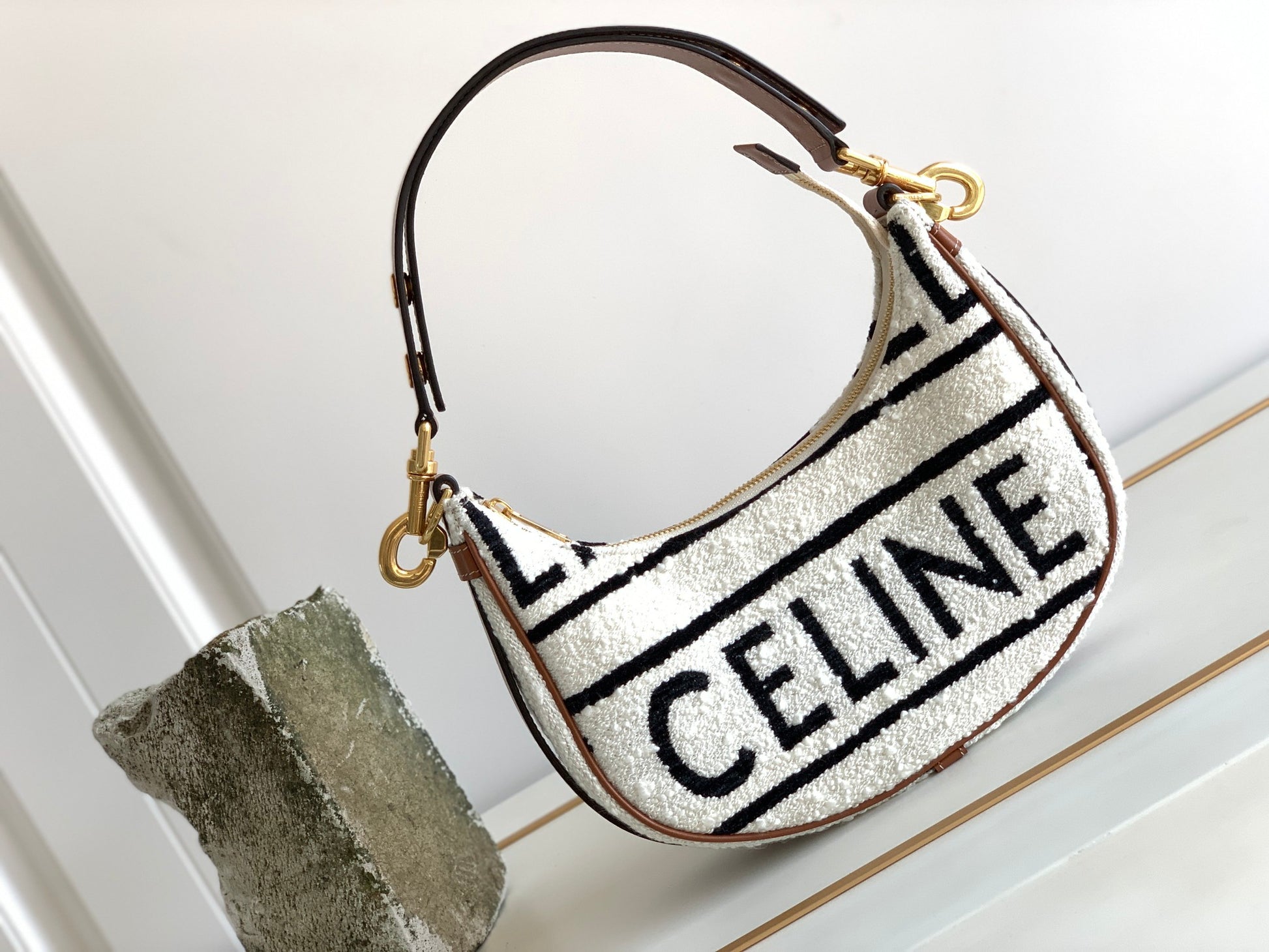 CE Medium Ava Strap Bag In Textile With CE All-Over White / Black For Women 9in/23cm 196922EFU.01WB