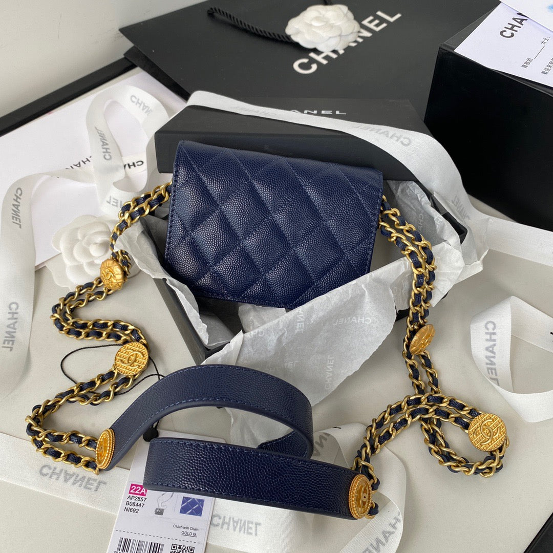 Chanel Clutch With Chain Gold Hardware Grained Shinny Navy Blue For Women, Women&#8217;s Handbags, Shoulder Bags 4.7in/12cm AP2857