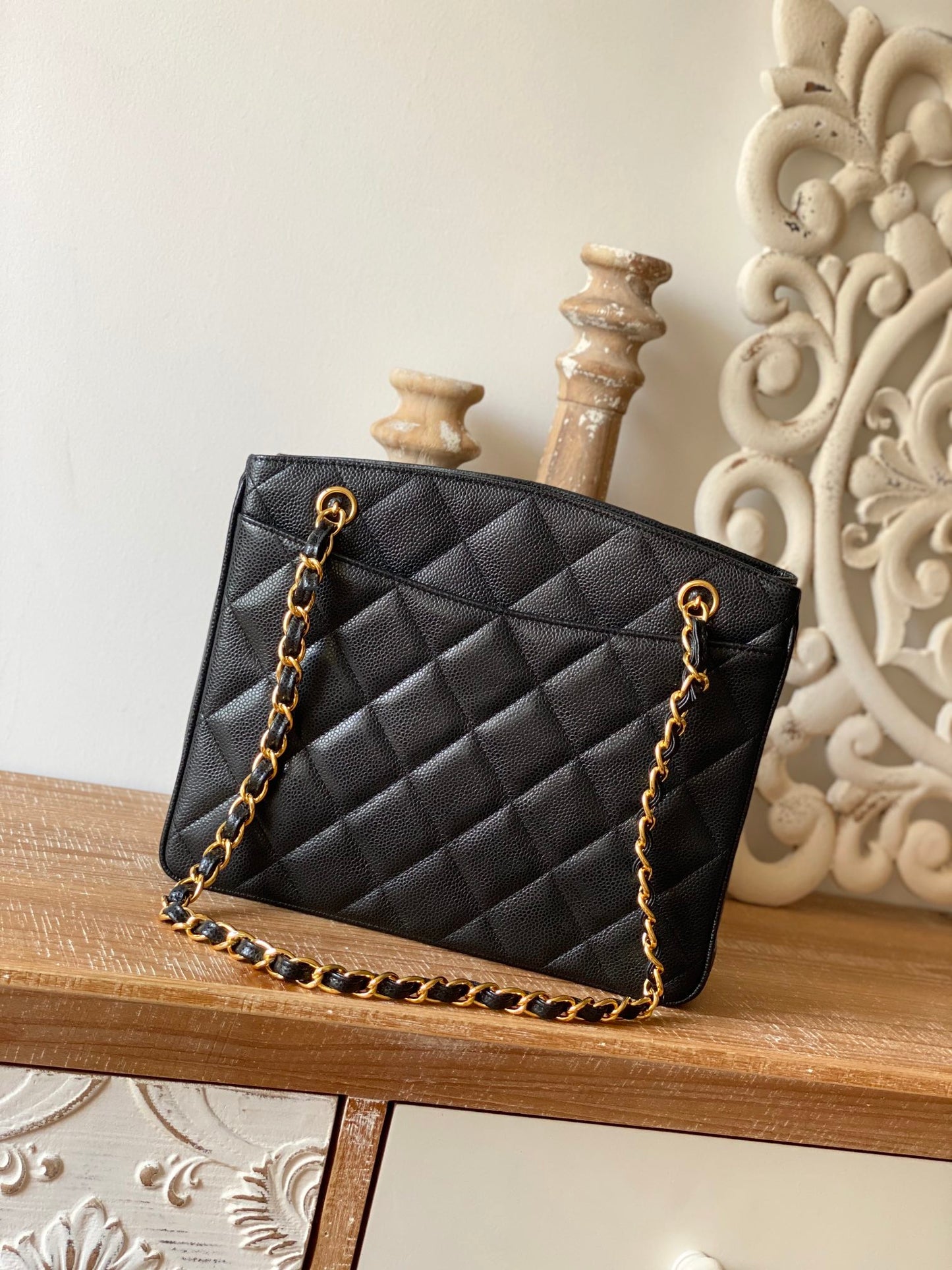 ChanelVintage Black Medium Quilted Caviar Tote Bag For Women 28cm/11in