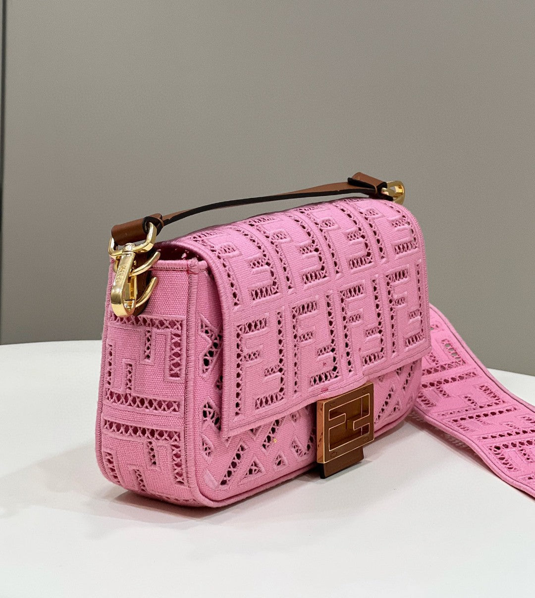 FI Baguette Pink with Embroidery Medium Bag For Woman 28cm/11in