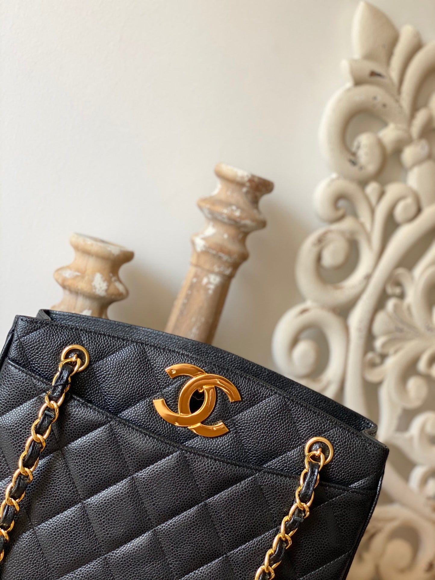 ChanelVintage Black Medium Quilted Caviar Tote Bag For Women 28cm/11in