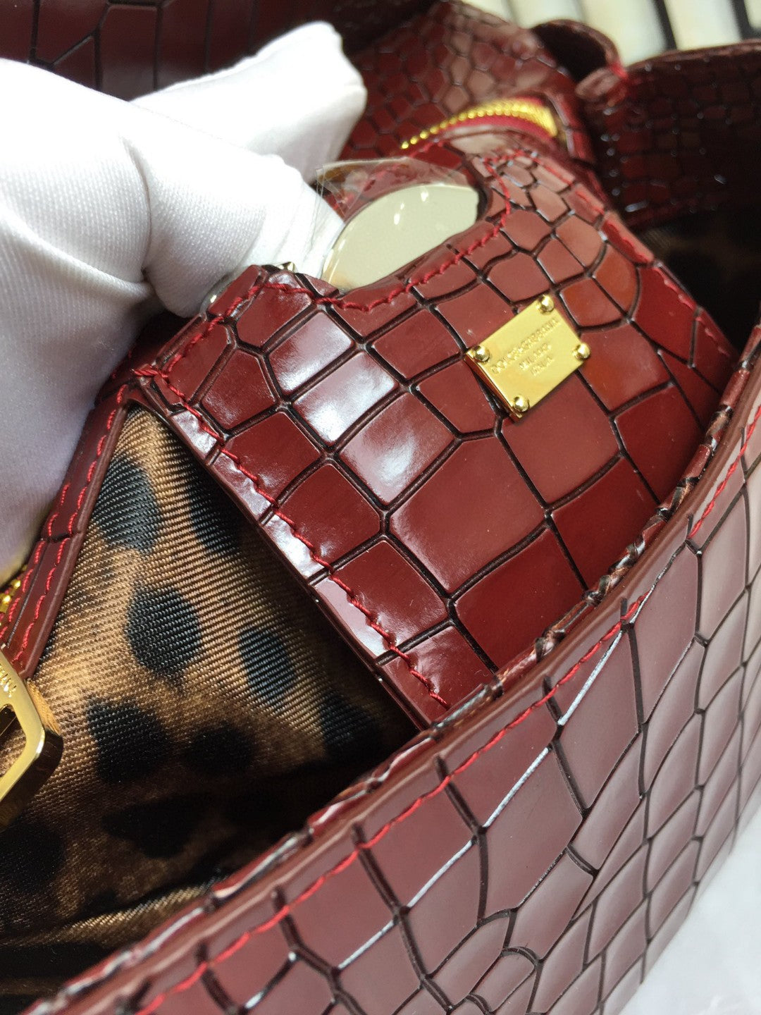 DG Medium Sicily Bag In Foiled Crocodile-Print Burgundy For Women 10.2in/26cm DG