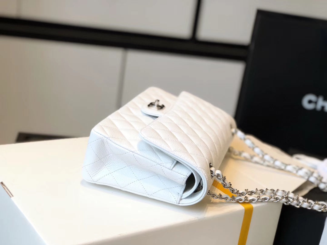 Chanel Classic Medium Flapbag Silver Hardware White 10in/25.5cm