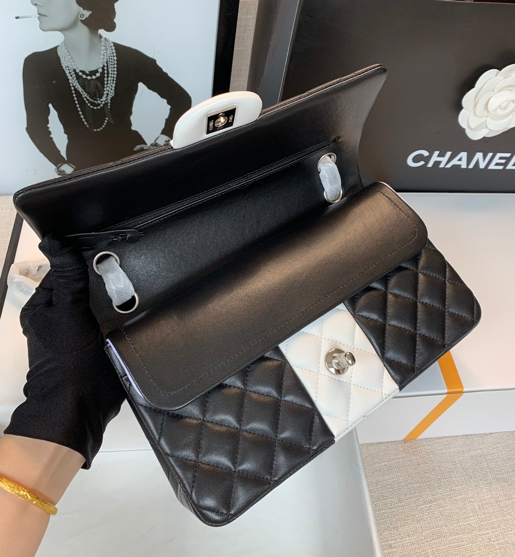 ChanelMini Flap Bag Black and White For Women 9.8in/25cm