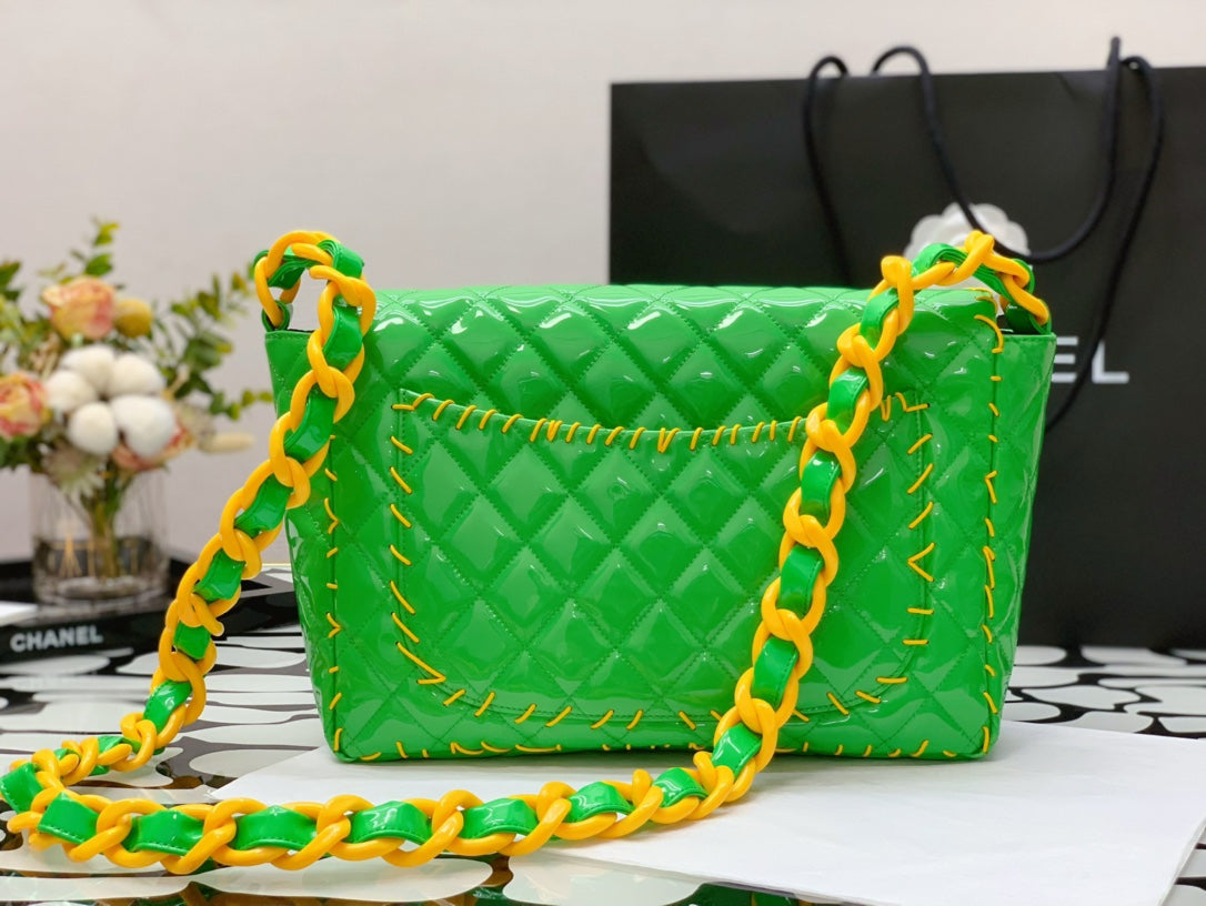 ChanelVinyl Classic Green and Yellow Shoulder bag For Women 29cm/11.5in