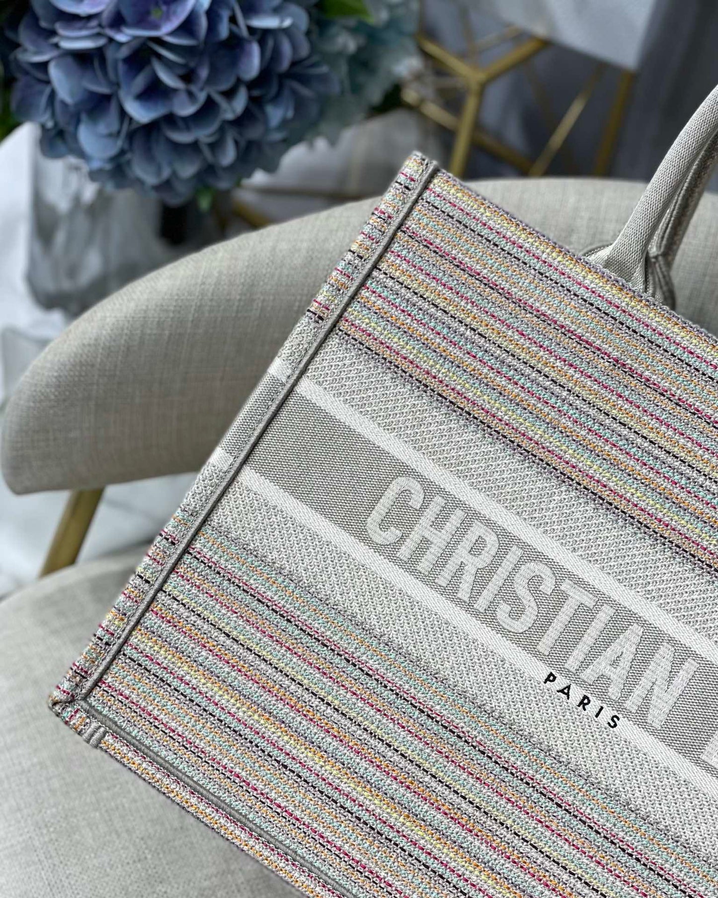 DI Large Book Tote Bag Canvas Stripes Embroidery For Women 42cm/16.5in CD