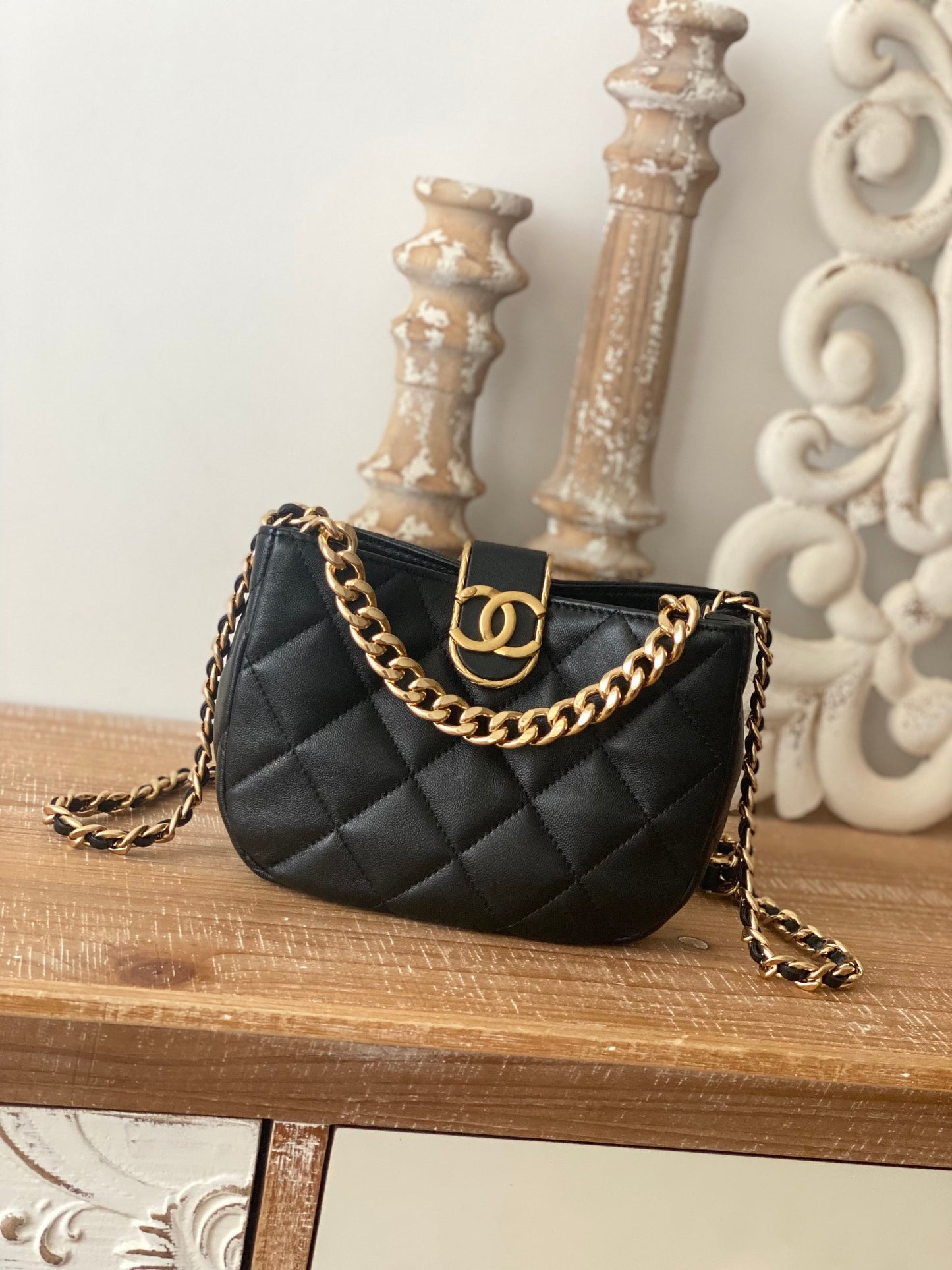 ChanelSmall Hobo Bag Gold Hardware Black For Women, Women&#8217;s Handbags, Shoulder Bags 7.5in/19cm