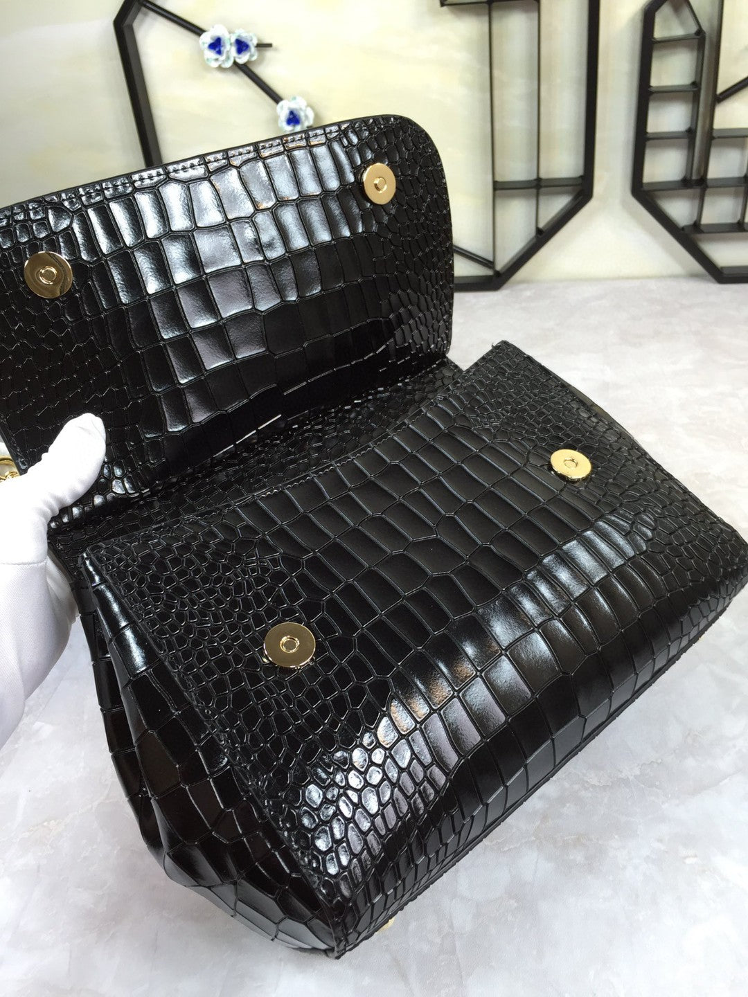 DG Medium Sicily Bag In Foiled Crocodile-Print Black For Women 10.2in/26cm DG