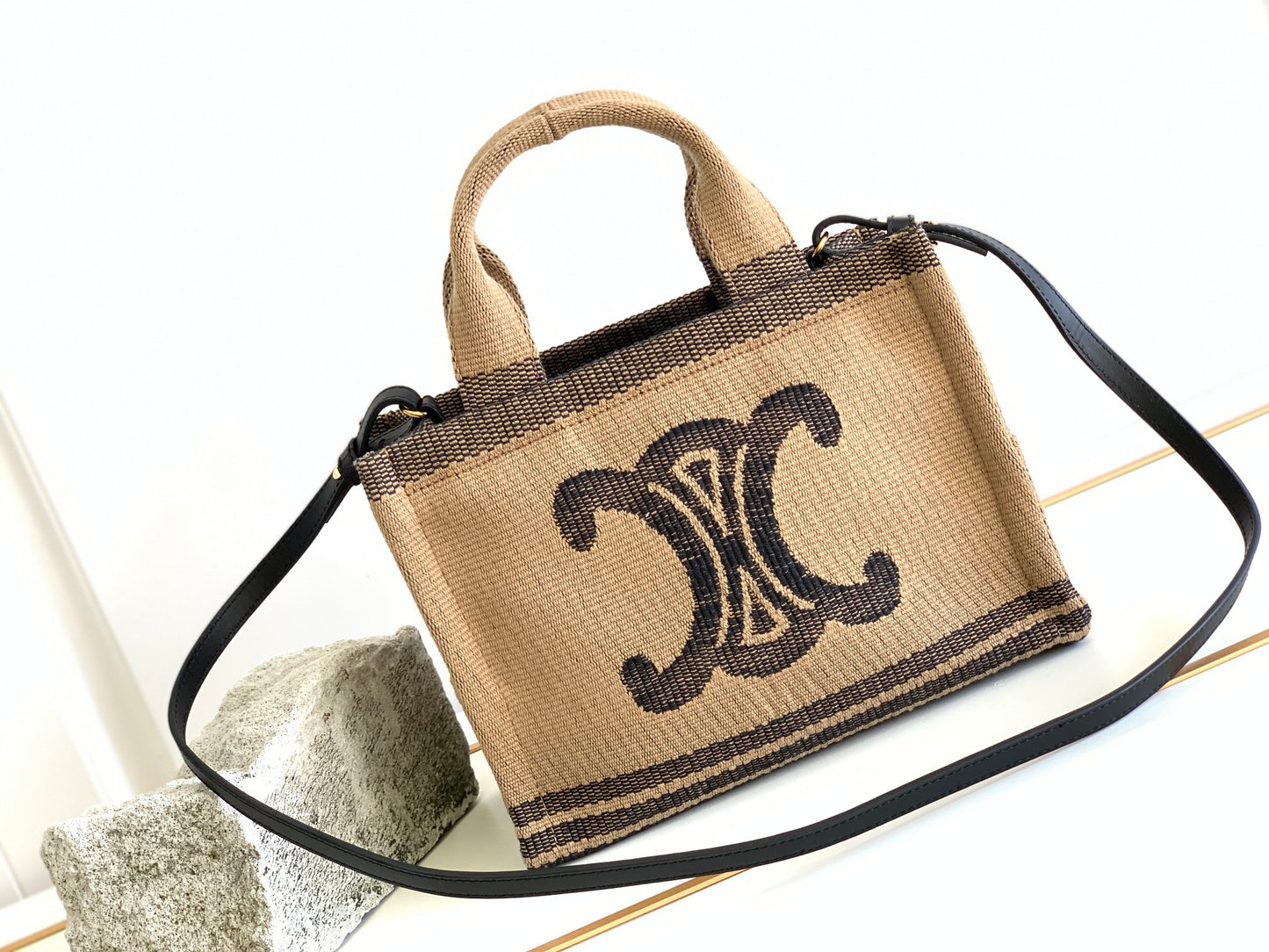 CE Small Cabas Thais In Textile With Triomphe Beige/Black For Women 11in/29cm 199162EGH.02BL