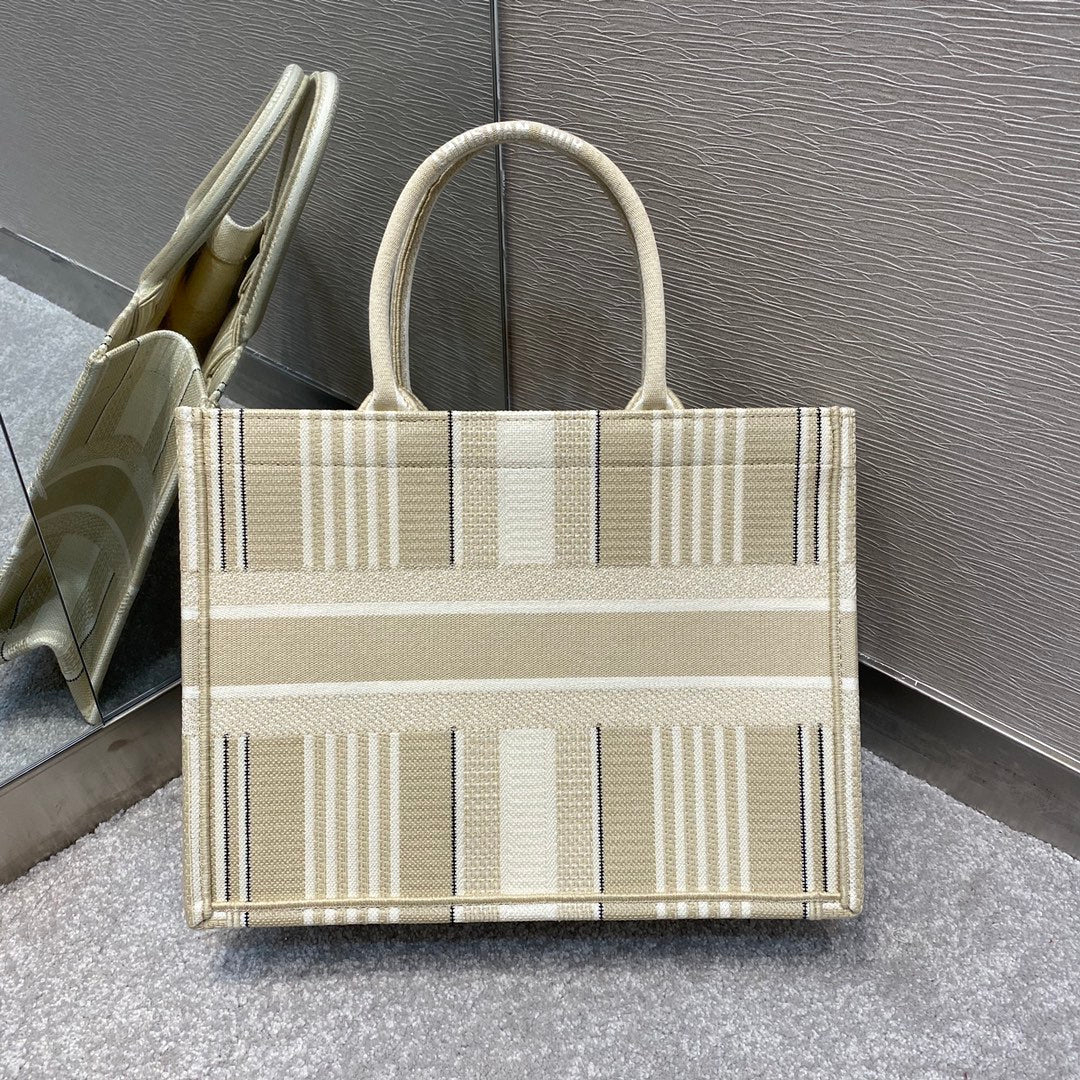 DI Medium Book Tote Beige Stripes Embroidery Bag For Women 14in/36cm CD