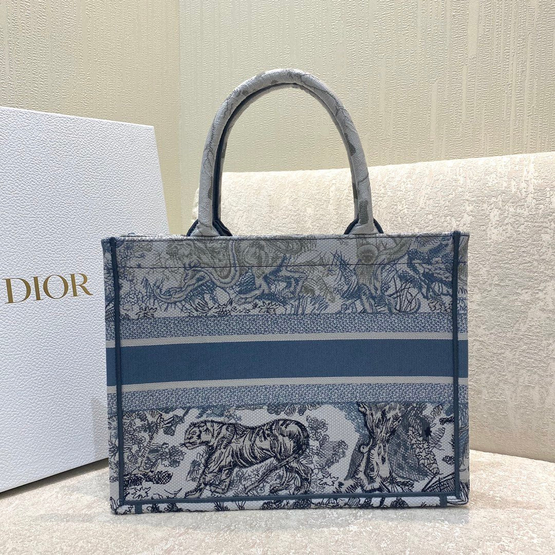 DI Medium Book Tote Blue Toile de Jouy Reverse Embroidery, Blue, For Women Women’s Handbags, Shoulder Bags, 36cm CD M1296ZRGO_M928