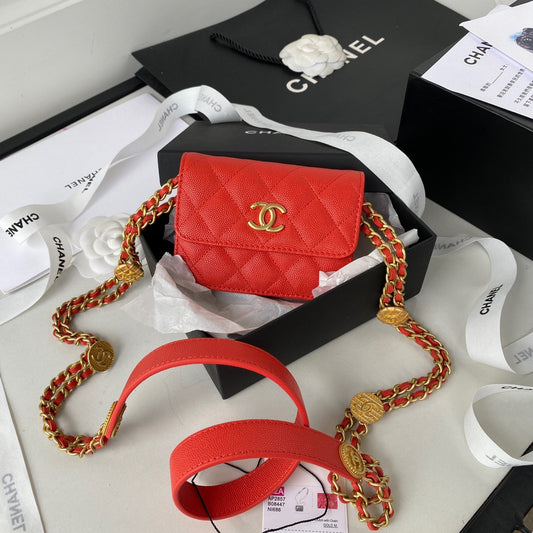 Chanel Clutch With Chain Gold Hardware Grained Shinny Red For Women, Women&#8217;s Handbags, Shoulder Bags 4.7in/12cm AP2857