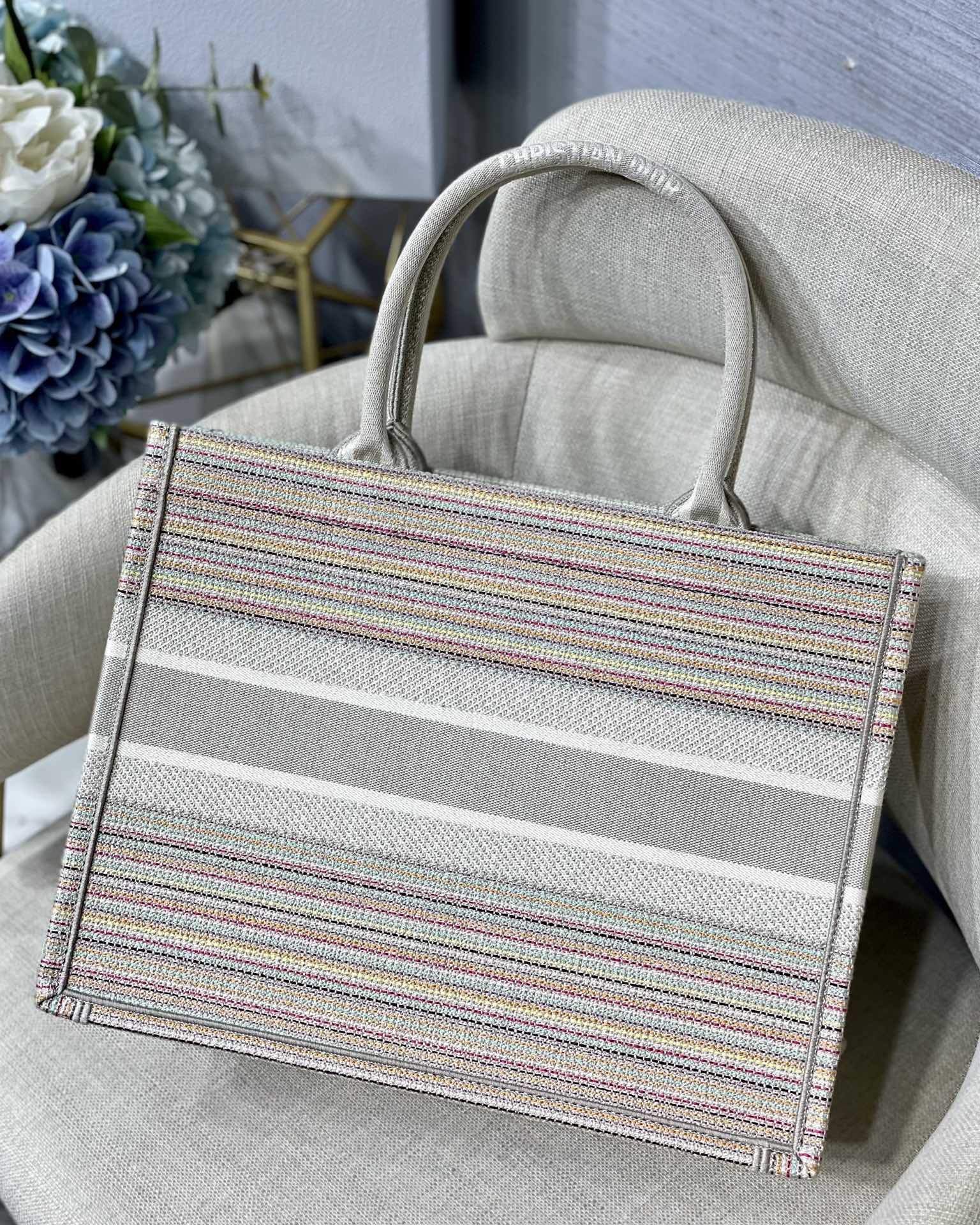 DI Large Book Tote Bag Canvas Stripes Embroidery For Women 42cm/16.5in CD