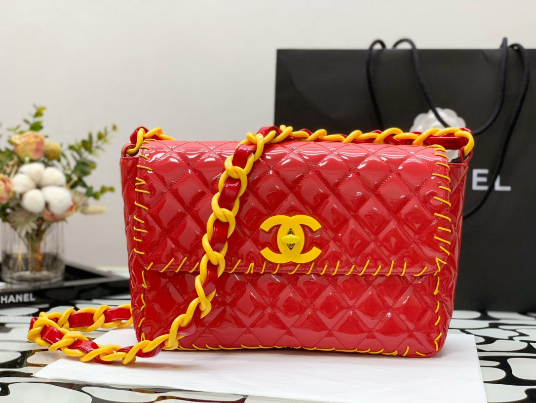 ChanelVinyl Classic Red and Yellow Shoulder bag For Women 29cm/11.5in