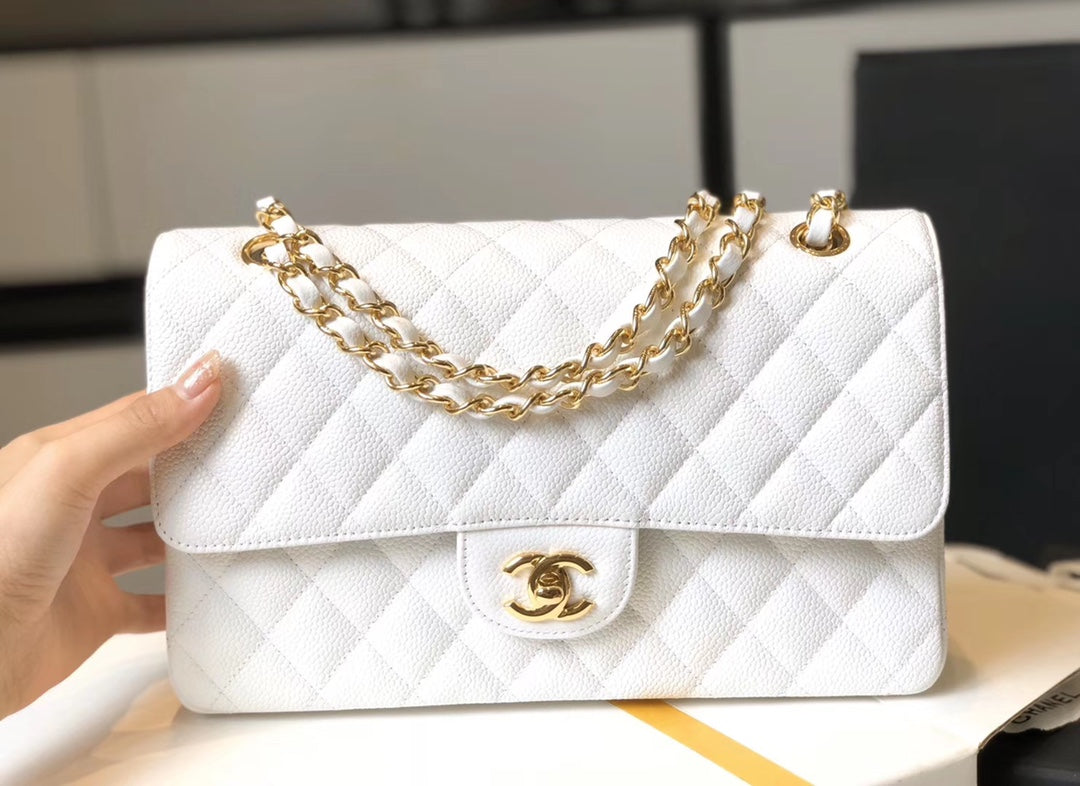 Chanel Classic Medium Flapbag Golden Hardware White 10in/25.5cm