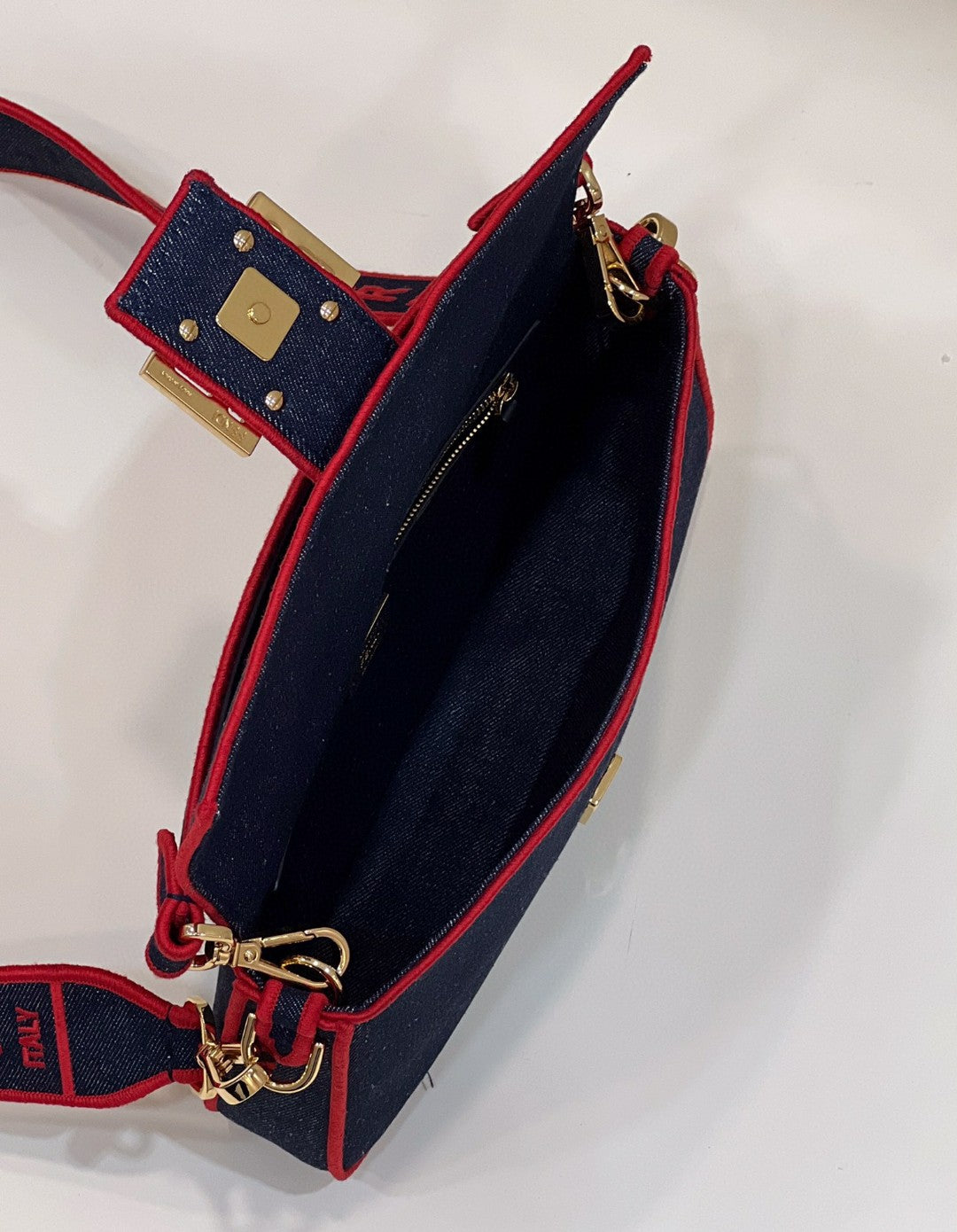 FI Baguette Blue Denim Red Border Bag For Woman 26cm/10in