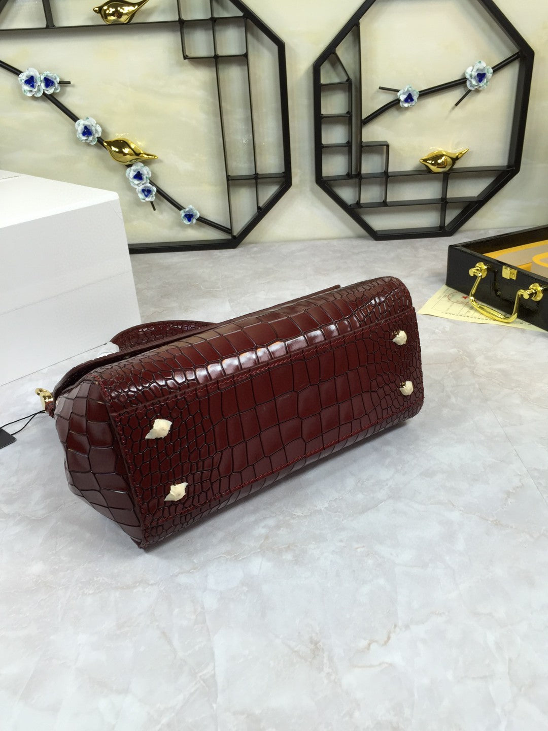 DG Medium Sicily Bag In Foiled Crocodile-Print Burgundy For Women 10.2in/26cm DG