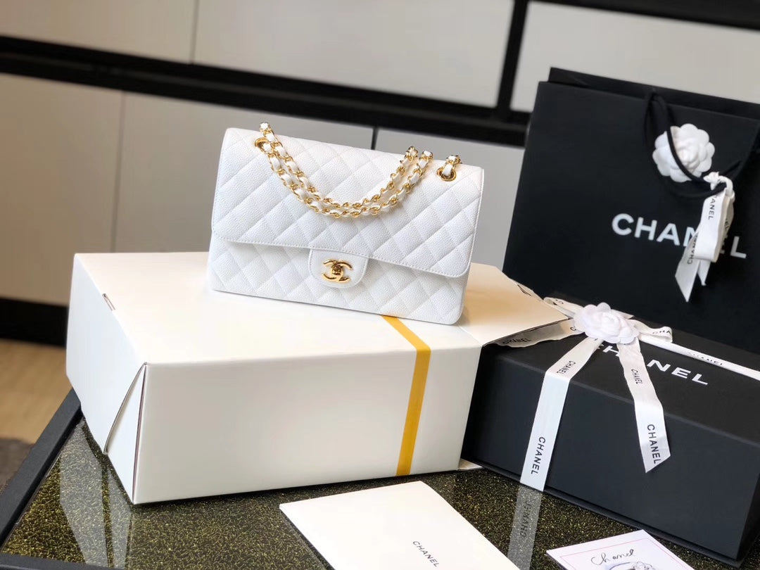 Chanel Classic Medium Flapbag Golden Hardware White 10in/25.5cm