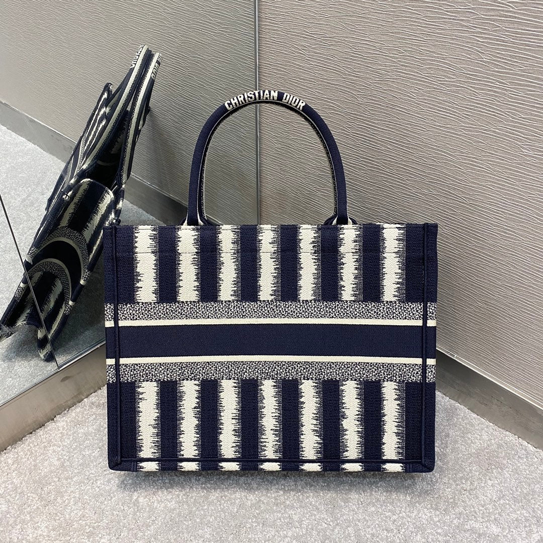 DI Medium Book Tote Blue D-Stripes Embroidery For Women 36cm/16.5in CD