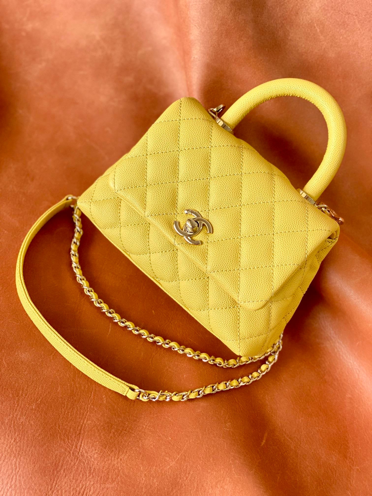 ChanelMini Flap Bag Top Handle Yellow For Women 7.5in/19cm