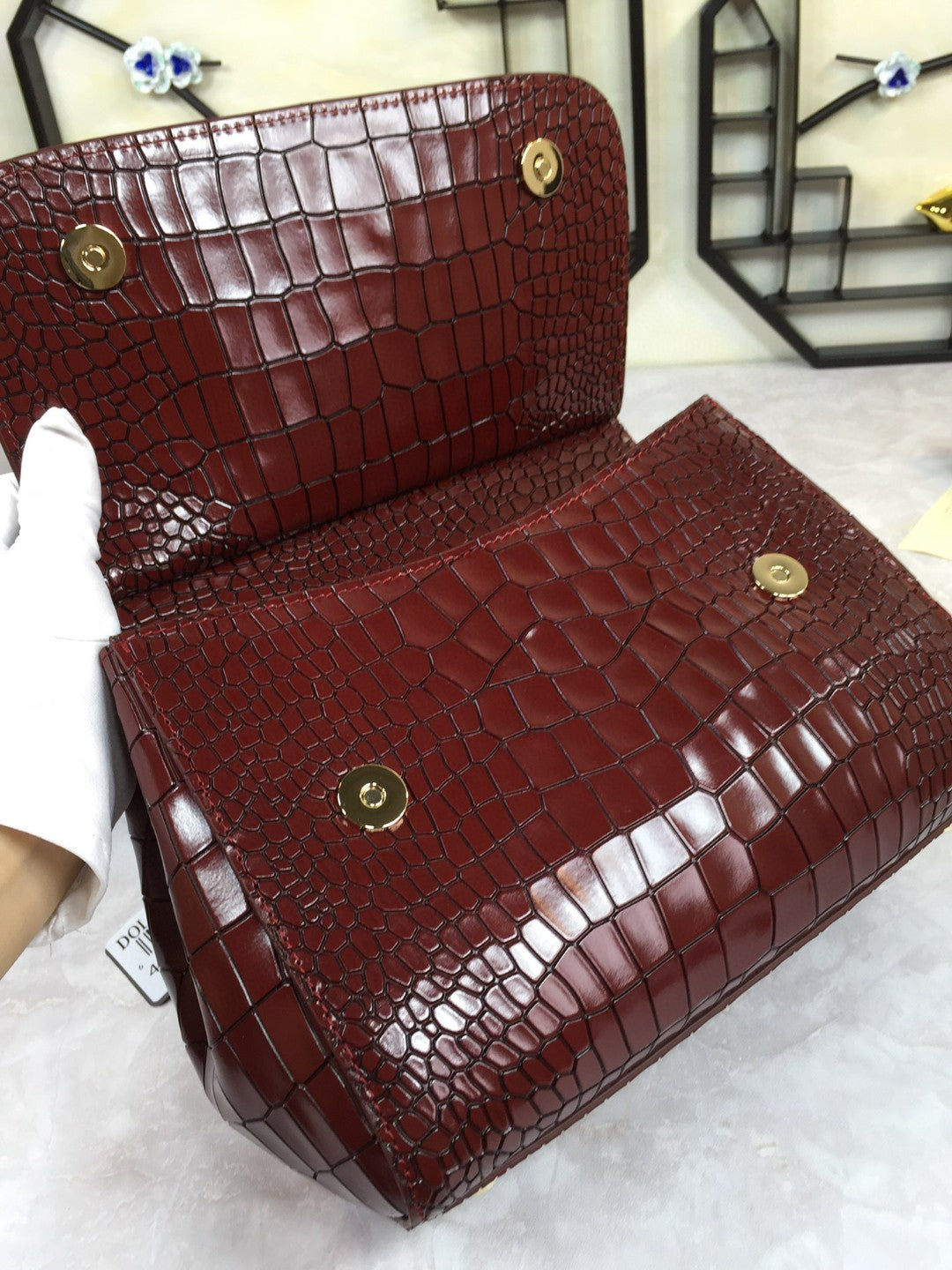 DG Medium Sicily Bag In Foiled Crocodile-Print Burgundy For Women 10.2in/26cm DG