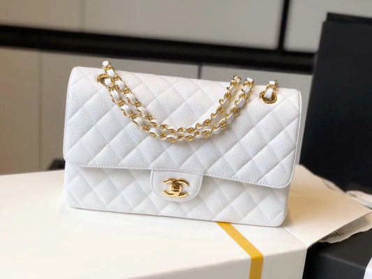 Chanel Classic Medium Flapbag Golden Hardware White 10in/25.5cm