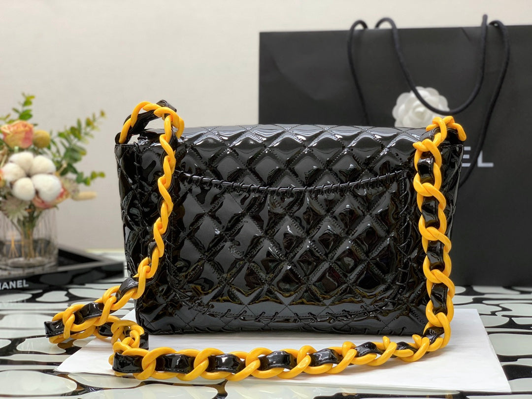 ChanelVinyl Classic Black and Yellow Shoulder bag For Women 29cm/11.5in