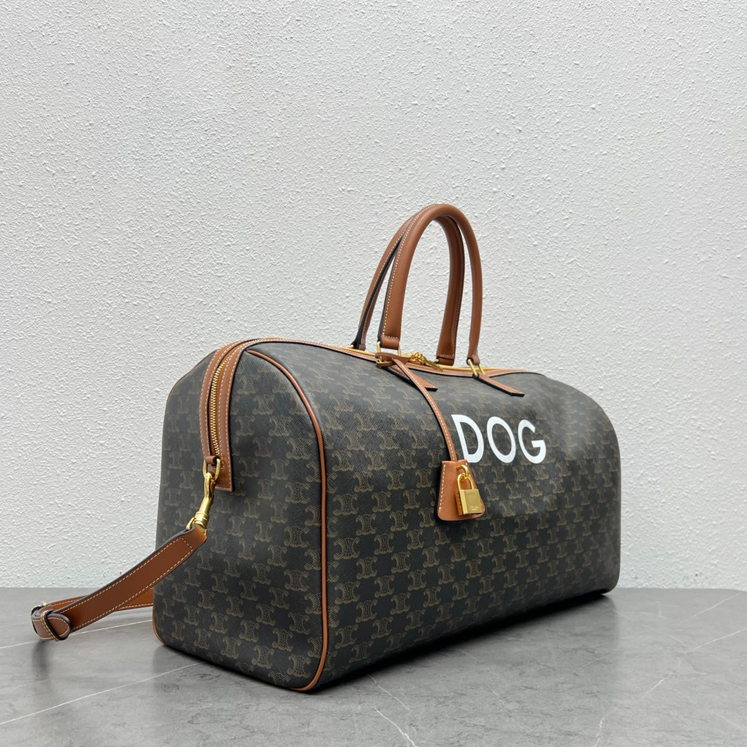 CE Large Voyage Bag In Triomphe Canvas With Dog Print Tan For Women 20in/50cm 