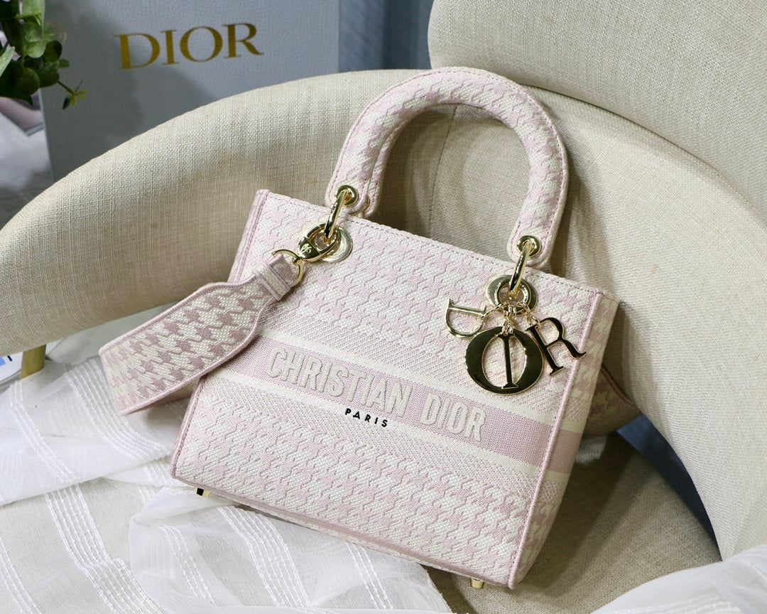 DI Medium Lady D-Lite Bag Houndstooth Embroidery, Pink/White, For Women Women’s Handbags, Shoulder Bags, Crossbody Bags, 24cm CD